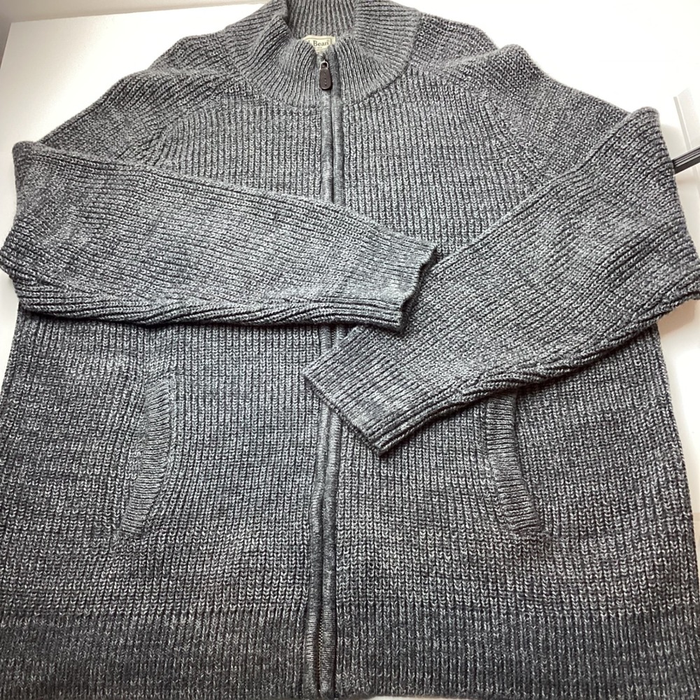 LL Bean Mens Full Zip Ribbed Cardigan Sweater Grey Marl Cotton Mock Neck XL